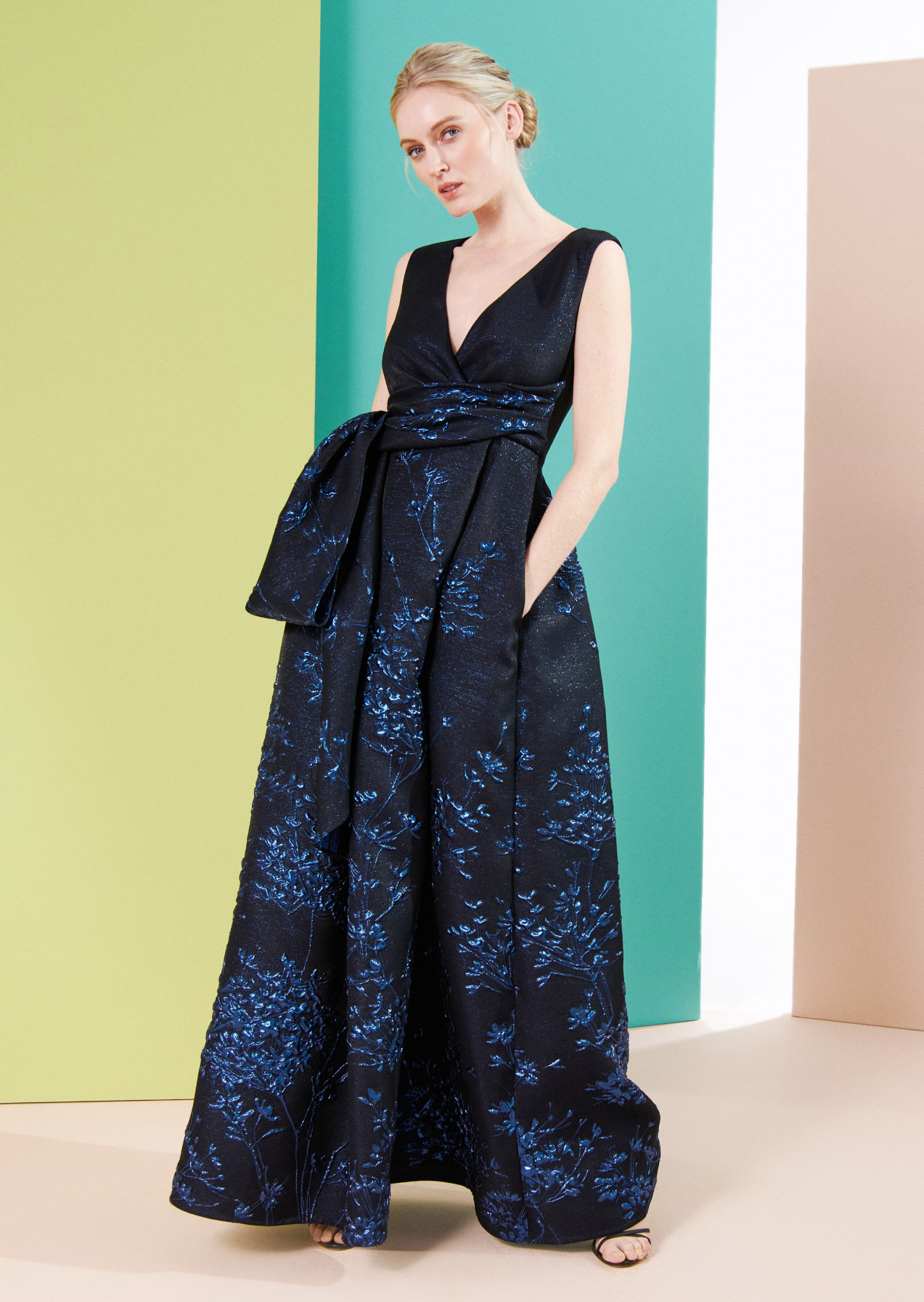 Halter Ball Gown With Floral Jacquard Skirt In Navy Multi | Adrianna Papell